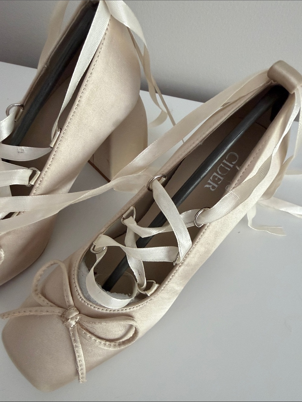 Cider Ballet Satin Bow Mary Jane Heels - Cream - Picture 2 of 5